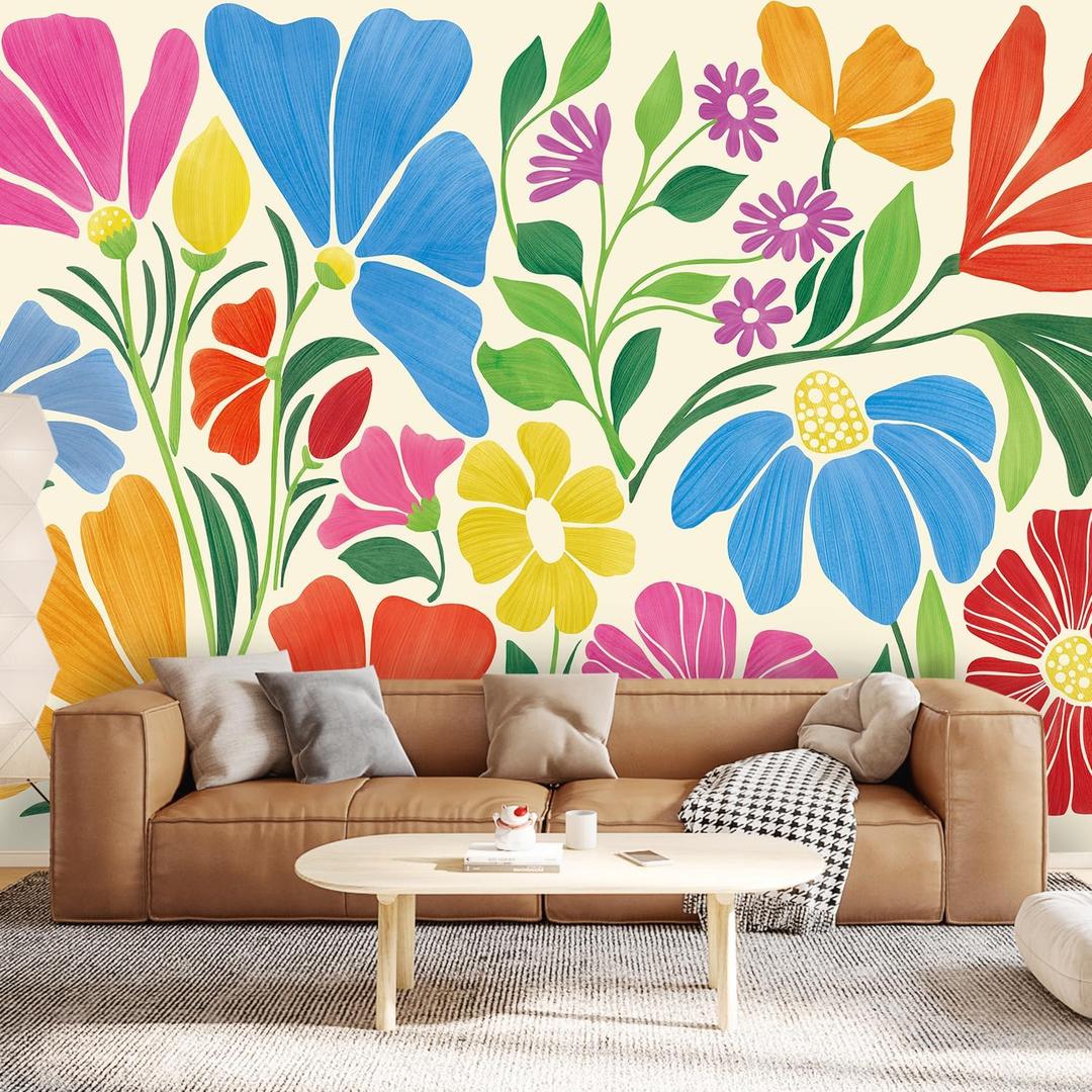 CHDITB Boho Retro Wild Flowers Wallpaper (161"x109", No Peel&Stick), Vintage Matisse Floral Blossoms Wall Mural Decal, Watercolor Botanical Plant Bouquet Wall Decor Art for Bedroom Living Room