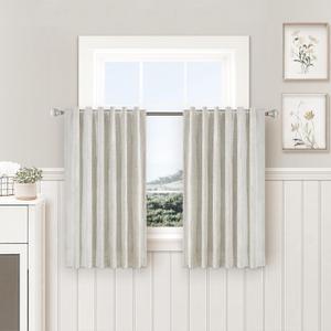 PANGSINNE Beige Linen 100% Blackout Curtains - 45 Inches Long 2 Panels Set for Kitchen Thermal Insulated Black Out Back Tab Drapes Room Darkening Cream Short Window Curtain