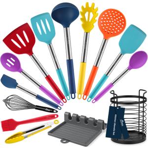 HOTEC Heat Resistant Silicone Kitchen Utensils, Cooking Utensil Set, Spatula Set, BPA Free, Kitchen Gadgets, Utensils Holder, Dishwasher Safe, 14pcs Multicolor
