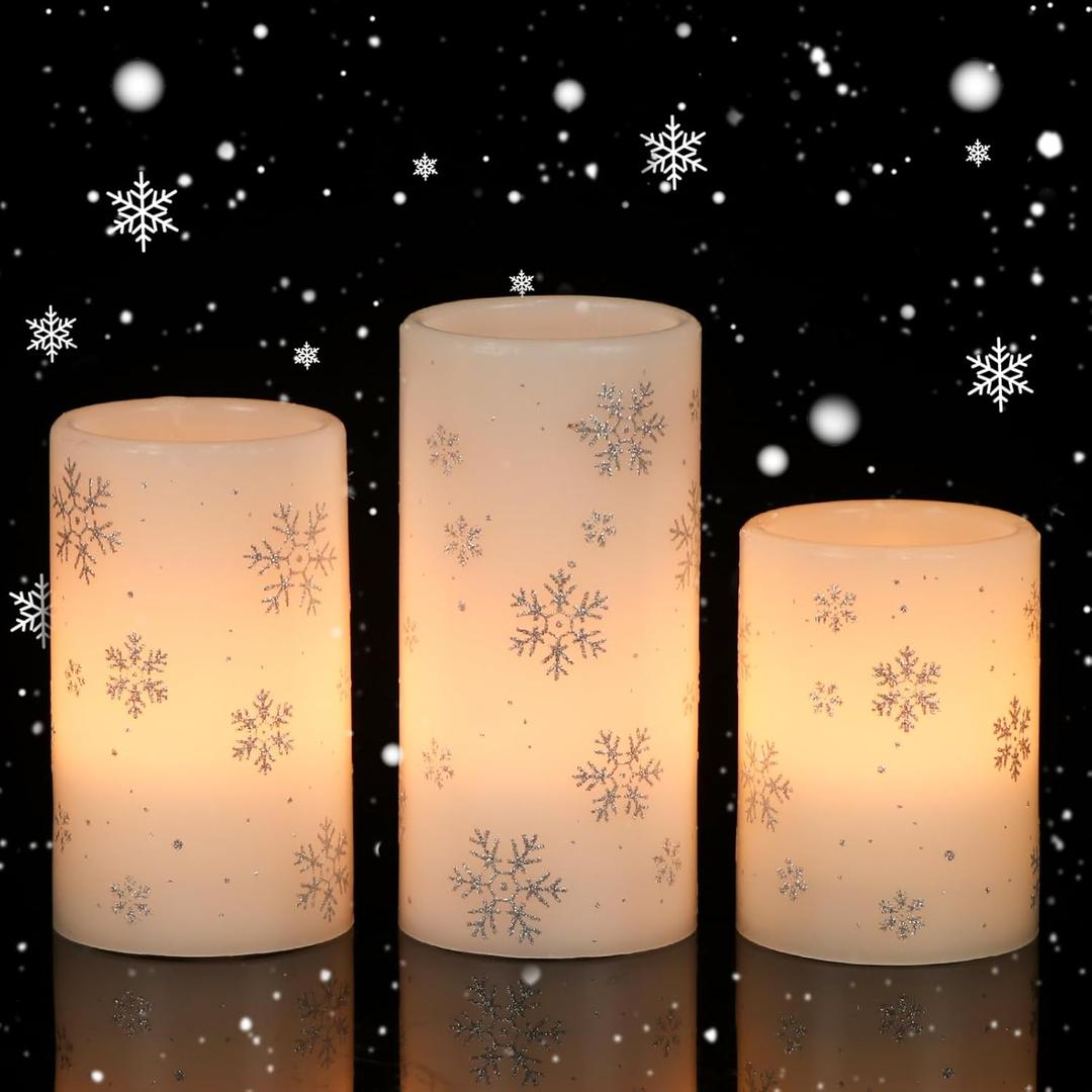Eldnacele Christmas Flickering Flameless Candles with 6 Hour Timer, Silver Snowflake Decal Battery Operated Real Wax LED Pillar Candles Home Tabletop Holiday Decor(3Pcs,34/5/6 Inches)