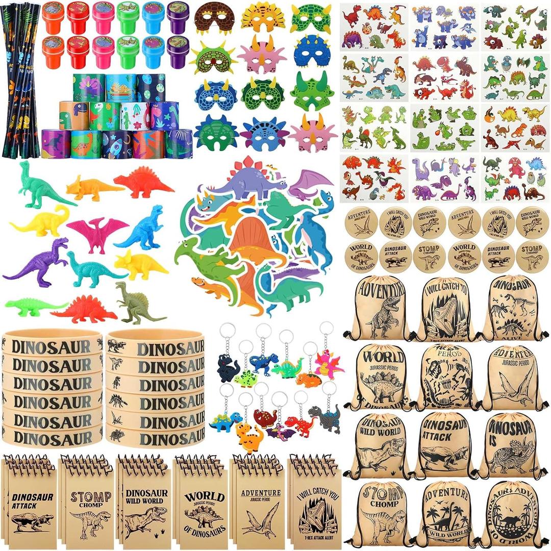 Jerify 139 Pcs Dinosaur Party Favors Include Dinosaur Party Favors Bags Silicone Wristbands Dino Figure Masks Badges Notebooks Keychains Bracelets Pencils Tattoos Toys Stampers Dino Stickers