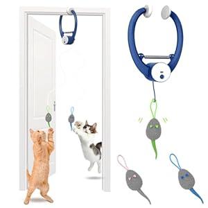 Cat Toys, Hanging Automatic Interactive Cat Toy, Colorful Bouncing Mice, Extra Long Elastic Rope, Motion Activated Rechargeable Cat Feathers Toys, Interactive Cat Toys for Indoor Cats Dark Blue