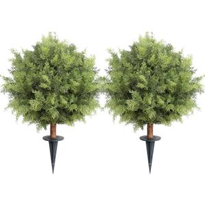 24inch Artificial Ceder Topiary Tree, Artificial Shrubs for Outdoors with Ground Spike, Faux Outdoor Shrubs Potted, Hold Nature Fake Bushes for Front Porch (Set of 2)