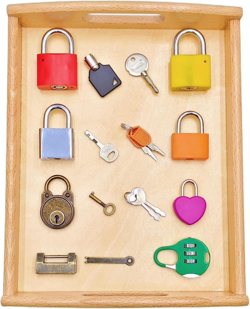 Montessori Lock and Key Set for Toddlers, Homeschool Preschool Learning Activities, Wooden Montessori Materials Learning & Education Toys for 3+ Year Old Kids (8 Pack Locks)