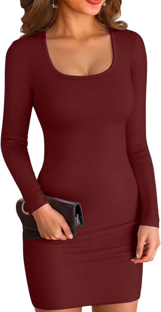 VICHYIE Women Square Neck Ribbed Bodycon Tight Dress Long Sleeve Mid Thigh Pencil Above Knee Dresses (Small, Wine Red)