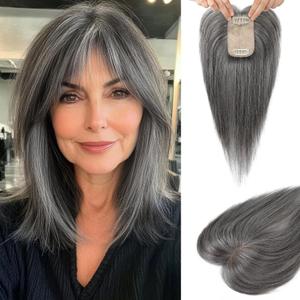 Flufymooz Real Human Hair Toppers for women, 10 Inch Clip in Bangs 100 Human Hair Toppers for Thinning Hair, Cover Hairpiece with 150% Density Silk Base-Silver Gray With Brown Mixed, Silver Gray With Brown Mixed