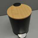 Mini Trash Can with Bamboo Lid Soft Close and Foot Pedal, 0.8Gal / 3L Tiny Round Trash Can with Removable Plastic Inner Wastebasket for Bathroom, Bedroom, Powder Room, Office, Desk, Car, Black