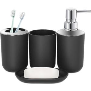 Black Bathroom Accessories Set 4 PCS, Black Bathroom Accessories, Plastic Soap Dispenser and Toothbrush Holder Set, Soap Dish and Mouthwash Cup, Boho Bathroom Decor, Bathroom Set