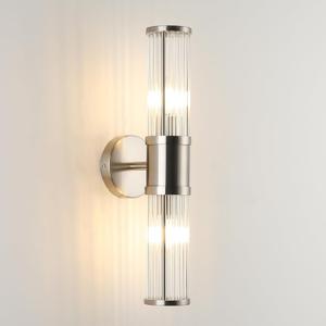 Brushed Nickel Bathroom Light Fixture, Industrial Up & Down Wall Vanity Sconce Indoor Farmhouse Glass Rods Bath Vanity Light Mirror Lighting Lamps Wall Mounted E12 Socket(Without Bulbs) (Brushed Nickel-A)