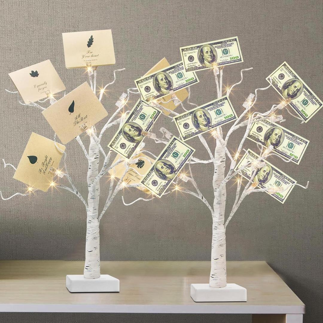 PEIDUO Set of 2 Money Trees, Lighted 22Inch 24LT White Birth Tree with Clips and Greeting Cards, Gift Card Holder for Birthday,Christmas, Wedding, Father's Day Graduation Gifts, Money Tree Gift Holder