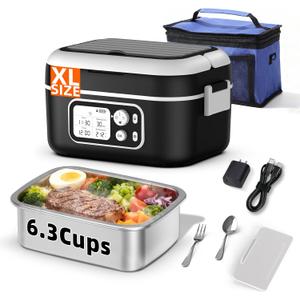 Cordless Electric Heated Lunch Box for Adults, XL 6.3-Cups 24000mAh Rechargeable Battery Powered Smart Self Heating Lunchbox for Men Women, 100W Food Warmer for Trucks Driver Travel Office Worker (Black)