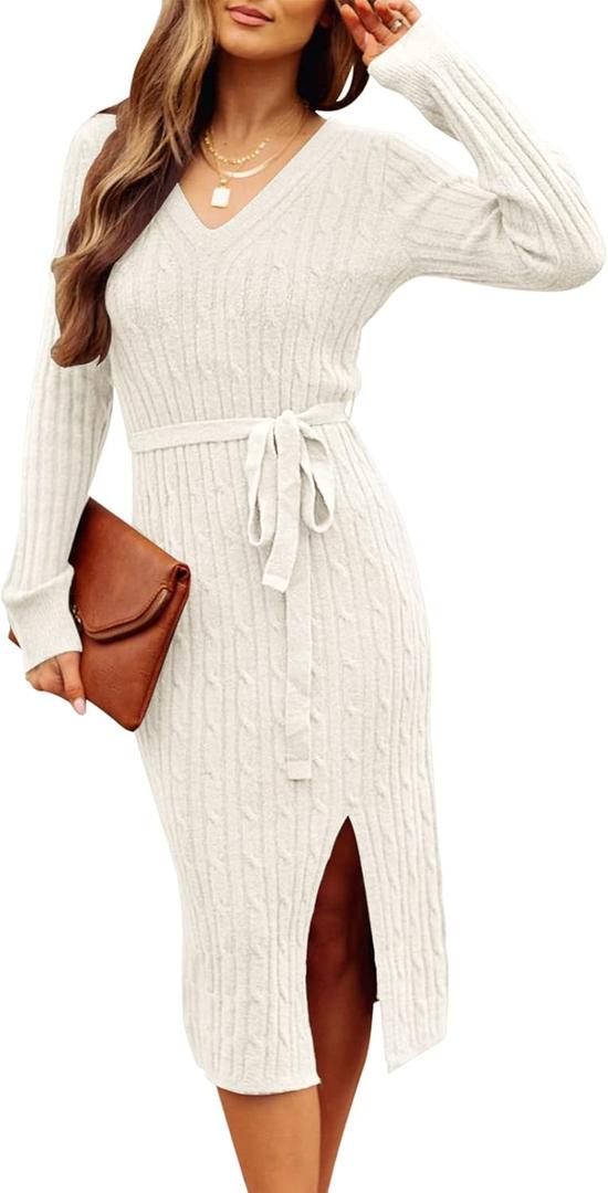 MEROKEETY Women's Winter Spring Long Sleeve Sweater Dress 2026 Fall V Neck Cable Knit Slit Bodycon Midi Dresses (White), Small