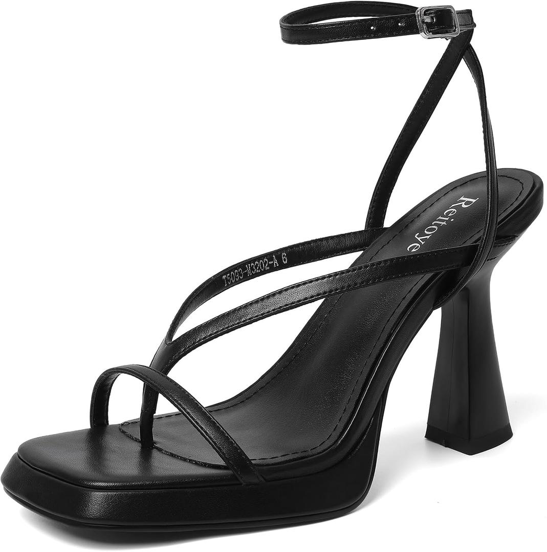 Reitoye Strappy Heels for Women Platform High Chunky Heels Square Open Toe Heeled Sandals Ankle Strap Block Heels, 9