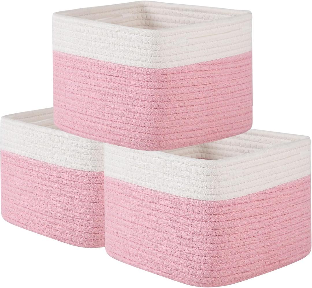 OIAHOMY 9x9x7 Storage Cubes, Cotton Rope Woven Baskets for Organizing, Cube Storage Bin, Small Gift Basket for Shelf, 3-Pack, Pink&White