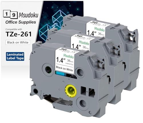 Msudoku Tape 3 Pack TZe-261 TZe261 TZe 261 TZ 36mm 1.42 Inch Laminated White, Compatible with Brother Label Maker P Touch Tape for PT 530 550 3600 P900W Label Makers, Black on White