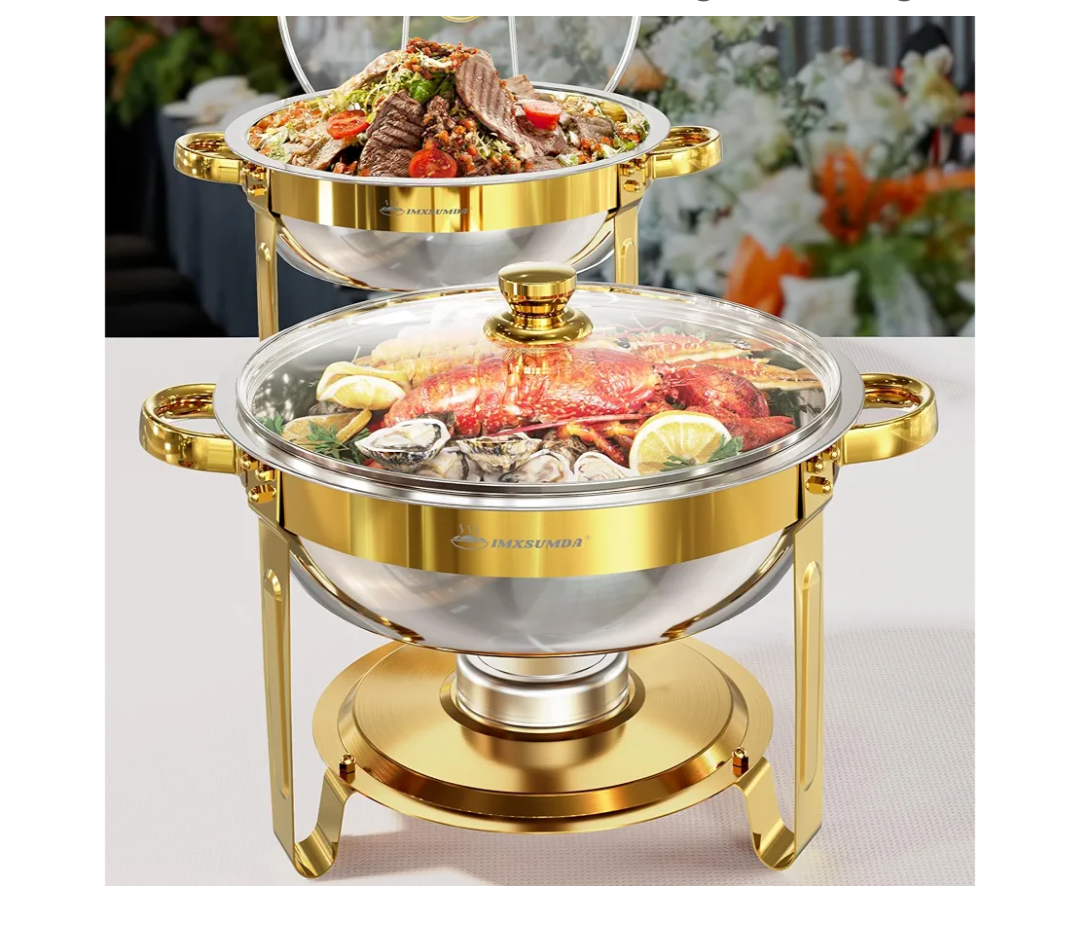 Chafing Dish Buffet Set 2 Pack, 5QT Gold Round Chafing Dishes for Buffet, High Grade Chafers and Buffet Warmers Sets with Glass Lid, Rolled-Edge Food Warmers for Parties, Weddings, Catering