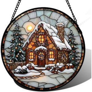 Stained Glass Window Hanging - Christmas Tree Cottage Sun Catcher for Door Garden Home Winter Decor Snowy Night Suncatcher Mother's Day Birthday Gifts for Women Men Mom Nana 15 in