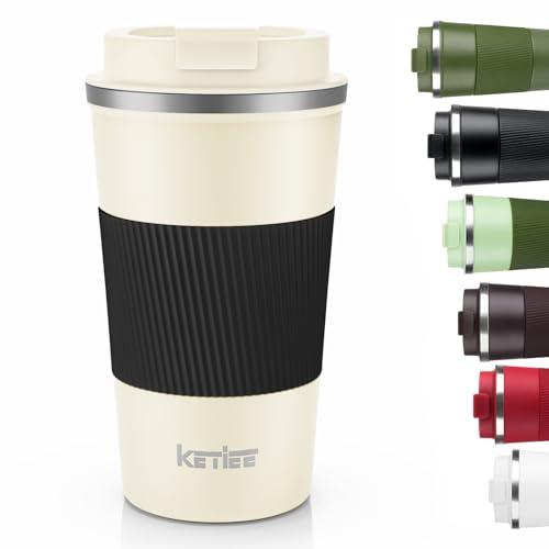 KETIEE 12oz Travel Mug: Vacuum Insulated Coffee Cup with Leakproof Lid, Travel Coffee Mug Stainless Steel Double Walled Reusable Coffee Cup for Hot and Cold Water Coffee (Beige)