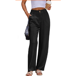 Women's Linen Casual High Waist Wide Leg Straight Dress Cotton Linen Pants Button Trousers, Medium