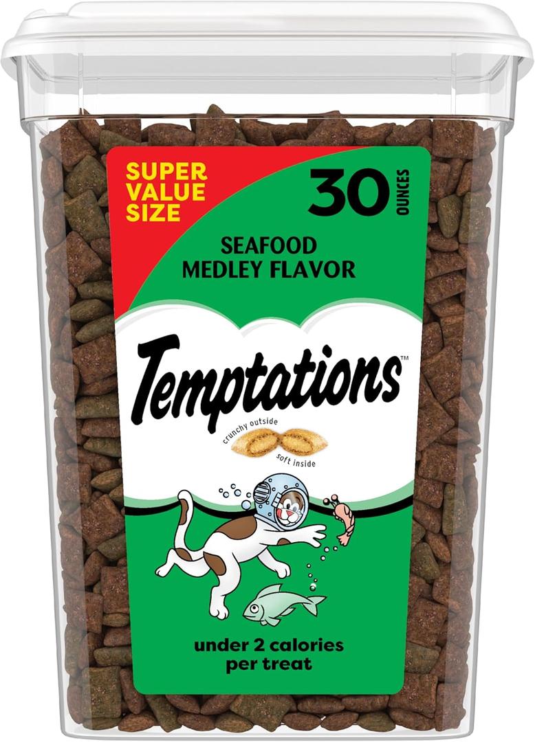 Temptations Cat Treats, Classic Crunchy and Soft Cat Treats, Seafood Medley Flavor, 30 oz. Tub (1.88 Pound (Pack of 1))