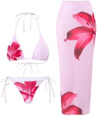 Verdusa Women's 3 Piece Floral Halter Bikini Set Colorblock Tie Back Swimsuit with Cover Up Skirt XL Pink