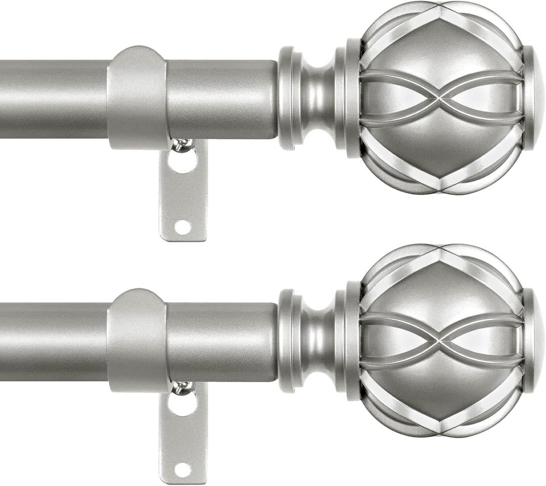 Silver Curtain Rods 2 Pack, New Splicing Rods for Windows 48 to 84 Inch, Single Drapery Rod with Netted Finials, Antique Silver