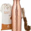 100% Pure Copper Water Bottle 32 oz / 950 ml - Leak Proof Bottle with Gift Pouch, Handmade Hammered Design, BPA Free Reusable Bottle with Cleaning Brush for Yoga Gym Travel