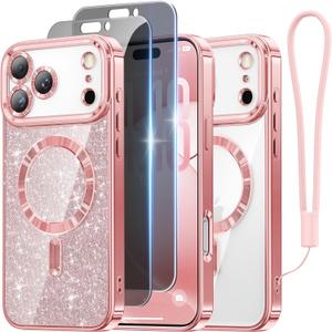 Meifigno Designed for iPhone 17 Pro Case with 2X Privacy Screen Protectors 6.3", [Glitter Card & Wrist Strap] [Compatible with MagSafe] Surround Lens Protection for 17 Pro Phone Case Women, Rose Gold