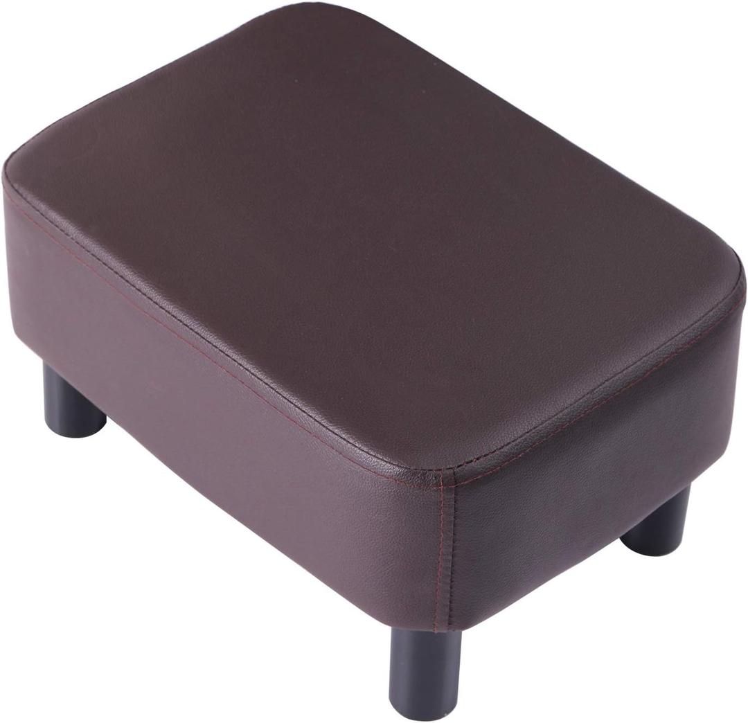 IBUYKE 16.54" Small Footstool, PU Faux Leather Step Stool, with Padded Seat Pine Wood Legs and Padded Rectangular Stool, for Bedroom, Brown RF-BD209