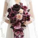 Ling's moment Purple Bridal Bouquet Cascading, Plum Wedding Bouquets for Bride, 13 Inch Bride Bouquets for Wedding Artificial Flowers Bouquets