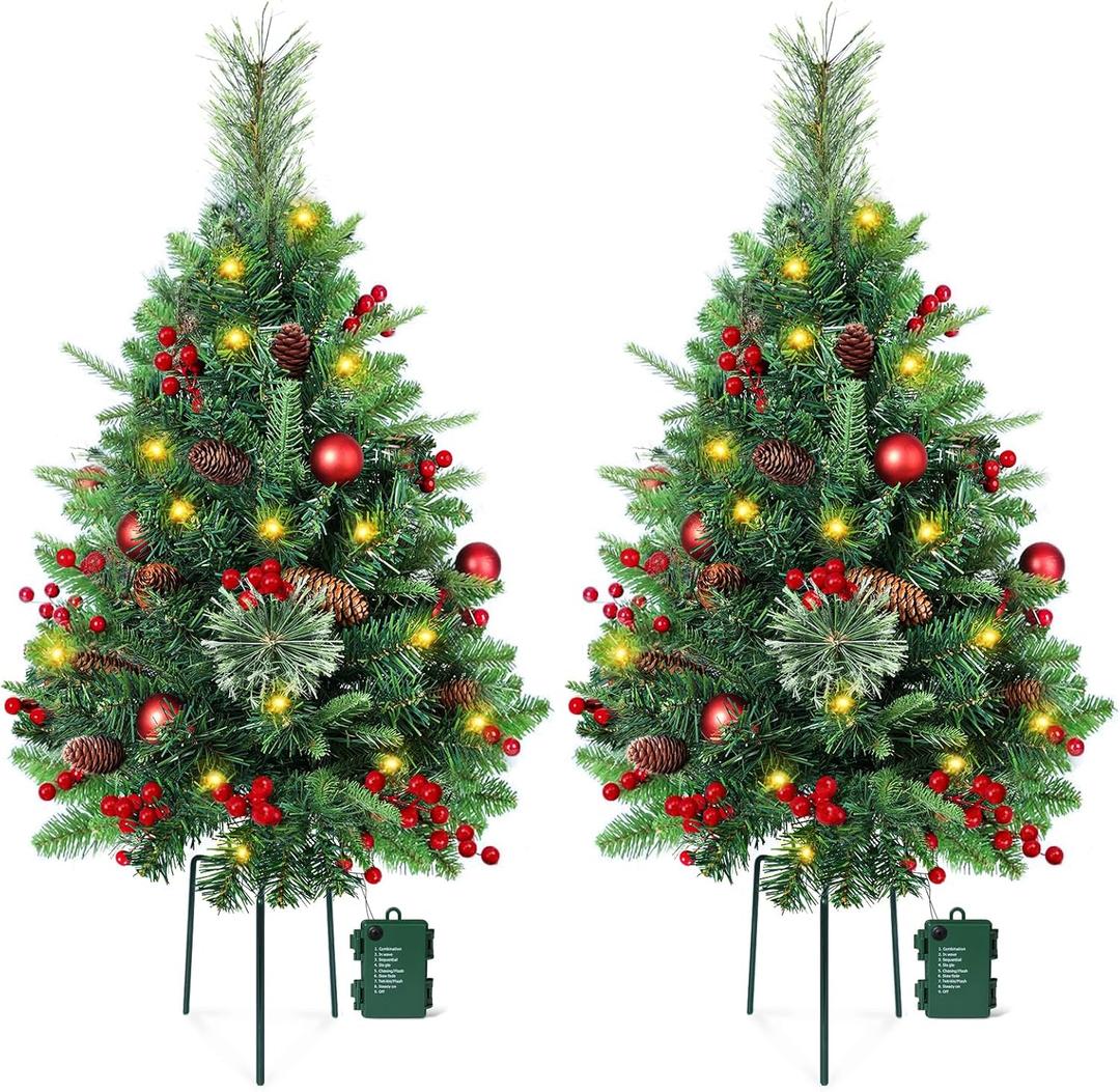 2 Set 30 Inch Outdoor Christmas Tree with LED Lights, Battery Powered & 6H Auto Timer, 8 Modes, Prelit Christmas Tree with Pine Cones Red Berries and Ball, Holiday Decor for Porch Yard Patio Pathway
