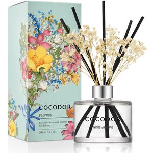 COCODOR Flower Reed Diffuser Set / 6.7oz / White Jasmine/Scent Diffuser with Sticks Home Fragrance Reed Diffuser for Bathroom Shelf Decor (Real Flower/6.7Ounce/1Pack)