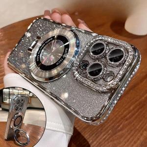 Magnetic Kickstand (Glitter Lens Protector ) Case for iPhone 15 14 13 12 Pro Max (Compatible with Magsafe ) Sparkling Diamond Cover Glitter Shiny Rhinestone Cases (Silver,for iPhone 15 Pro)