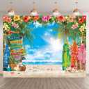 8x6ft Summer Hawaiian Beach Photography Backdrop Tropical Flower Palm Leaves Surfboard Background for Luau Aloha Party Decoration Banner Photo Booth
