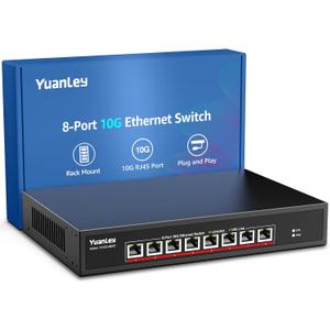 YuanLey 8-Port 10G Ethernet Switch, 8 x 10Gbps RJ45 Ports, Support 10G/5G/2.5G/1G/100Mbps Speed Auto-Negotiation, 160Gbps Switching Capacity, Unmanaged Switch Rackmountable, Plug and Play