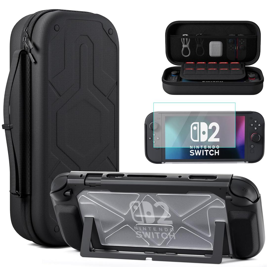 FUNDIARY Large Capacity Carrying Case for Nintendo Switch 2 (2025) - Switch Two Accessories Bundle with Screen Protector, Heavy Duty Protective Dockable Cover, Hard Shell Portable Travel Pouch, Black