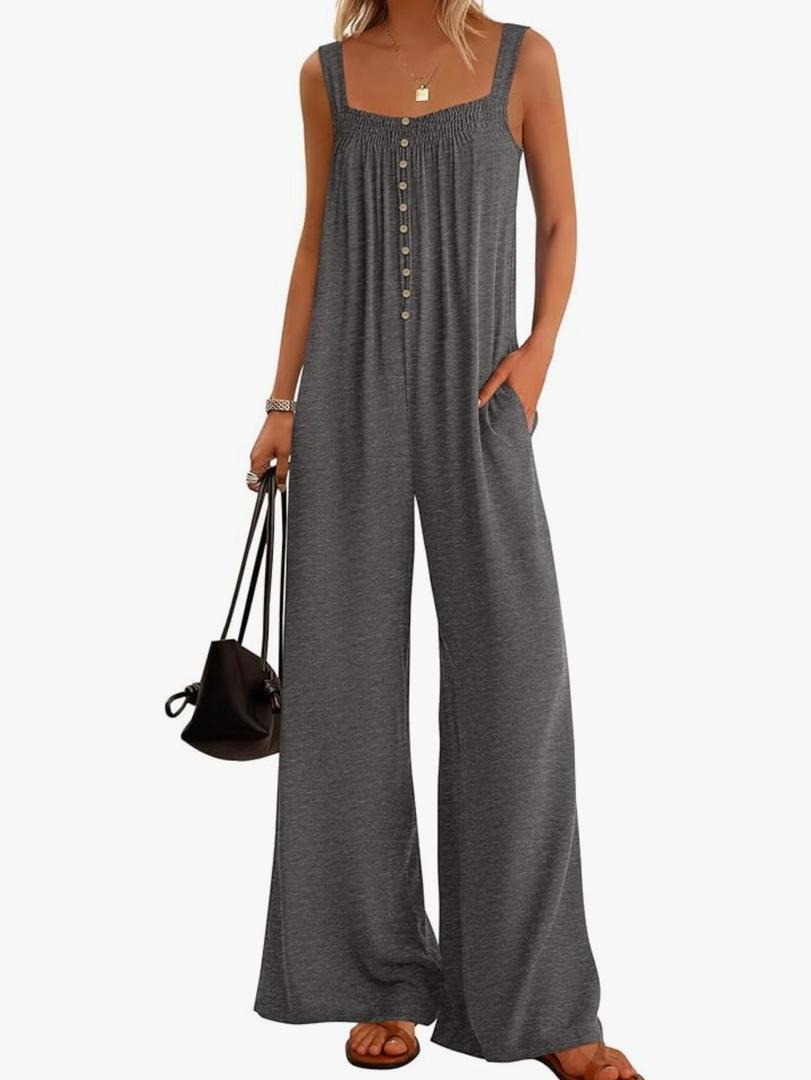 KIRUNDO Summer One Piece Jumpsuits For Women 2025 Casual Loose Button Sleeveless Romper Knit Wide Leg Overalls With Pockets M Green