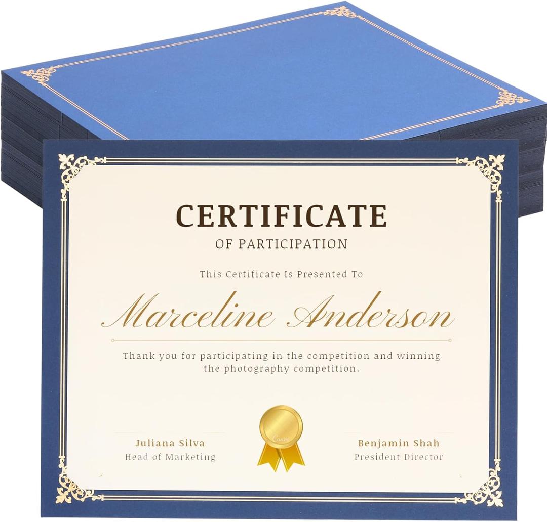 50 Count Single Sided Certificate Holders with Gold Foil Border Diploma Cover for or Letter Size 8.5 x 11 Certificate Paper, Cardstock, Award, Graduation, Documents,School - Blue
