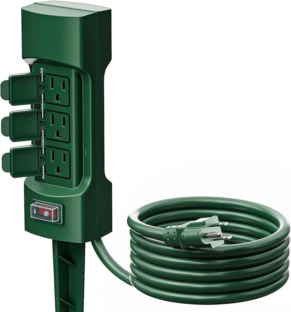 K KASONIC Outdoor Power Stake, Kasonic 6-Outlet 9 ft Extension Cord Power Strip, Double Sided with Weatherproof Safety Flip Covers, ETL Certified Multi-Outlets (Outdoor) (Green)