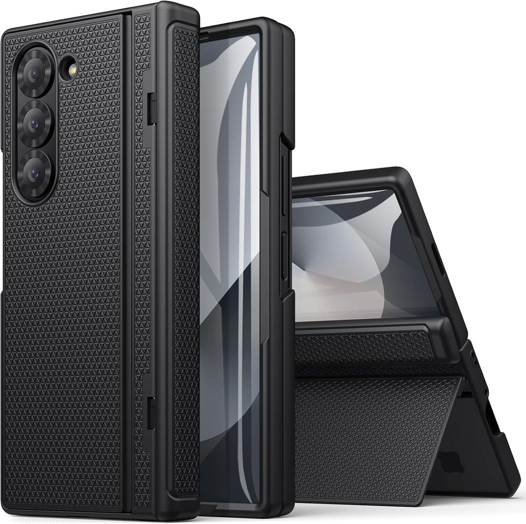 for Samsung Galaxy Z Fold 6 Case with Kickstand & Front Screen Protector & Hinge Protection, Slim Fit Rugged Hard 360° Full Body Cover Protective Phone Case for Samsung Z Fold 6 5g 2024, Black