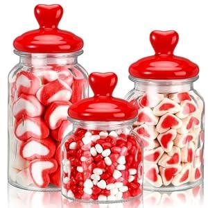 Vesici 3 Pcs Valentine's Day Pink Cookie Jars Candy Glass Jars with Heart Lids 22 32 45 oz Clear Glass Canisters with Airtight Ceramic Lids for Food Storage