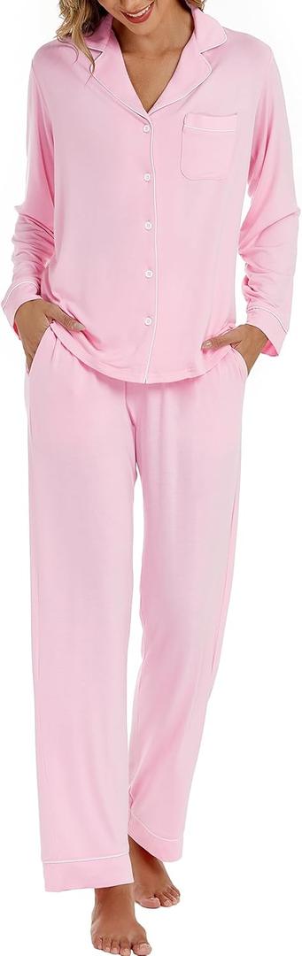 LUBOT Womens Bamboo Viscose Pajamas Super Buttery Soft 2 Piece PJ Set Button Capri Pants Long Short Sleeve Sleepwear Set (X-Large)
