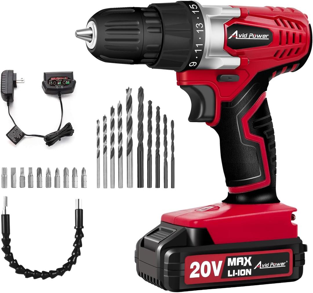 AVID POWER 20V MAX Lithium lon Cordless Drill Set, Power Drill Kit with Battery and Charger, 3/8-Inch Keyless Chuck, Variable Speed, 16 Position and 22pcs Drill Bits (Dark Red)