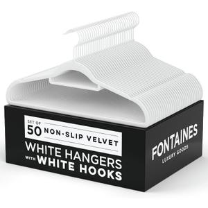 Fontaines Luxury White Velvet Felt Non Slip Clothes Hangers 50 Pack - Ultra Slim & Space Saving - Heavy Duty Swivel Hook for Clothing, Suit, Top, Tie, Shirt, Skirt & Pant Organization (Adult)