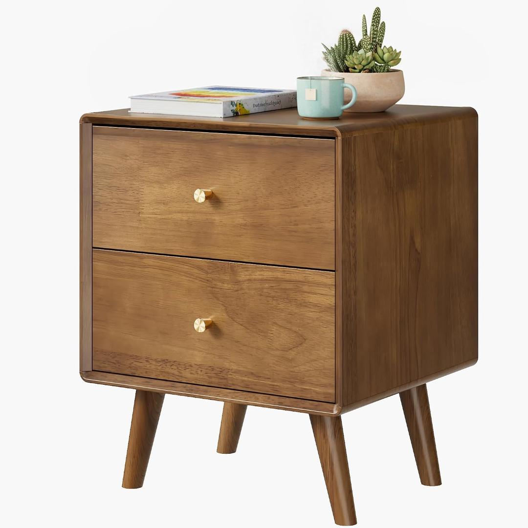 Solid Wood Nightstand with 2 Drawers, Walnut Mid Century Modern Nightstand, Wooden Night Stand, Small Side End Table with Storage for Bedroom