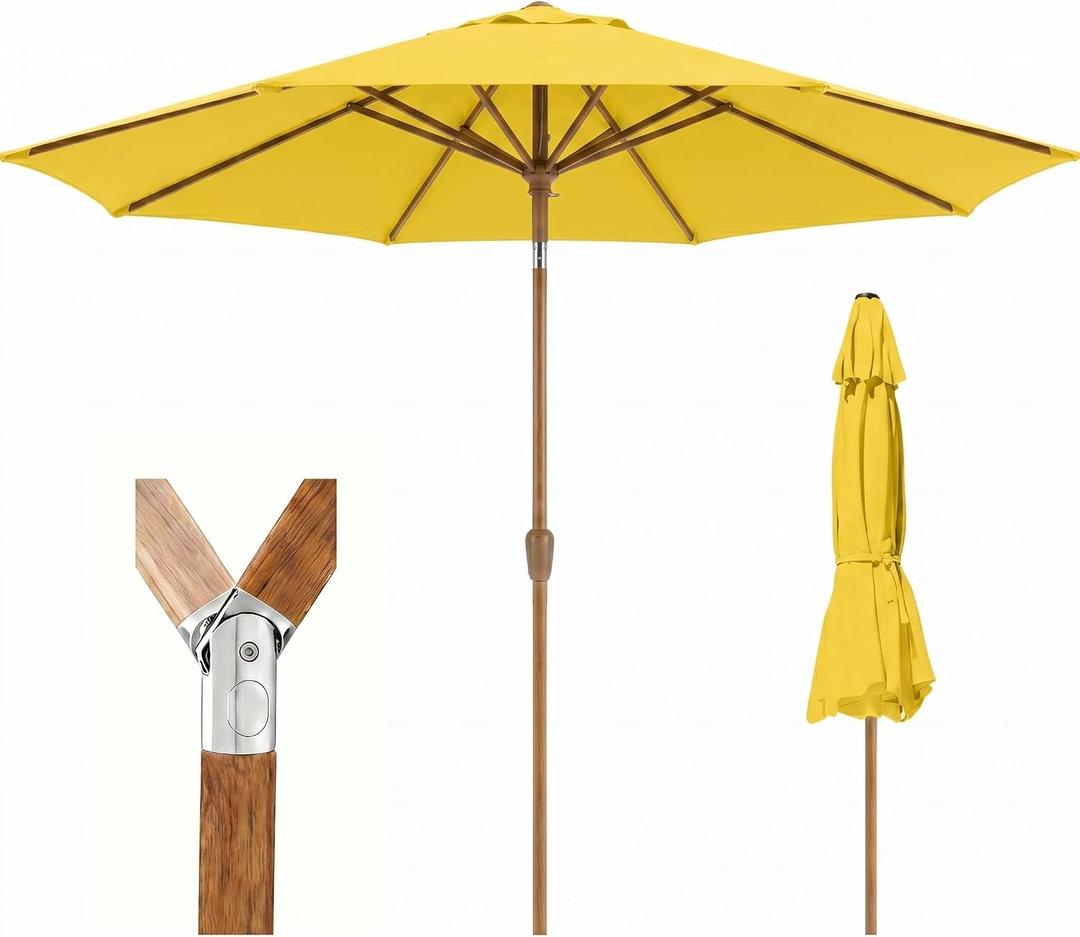 9ft Outdoor Patio Umbrella, Market Table Umbrella with Crank and Easy Push Button Tilt, Wood Grain Frame, UPF 50+ for Pool, Garden, Deck, Backyard