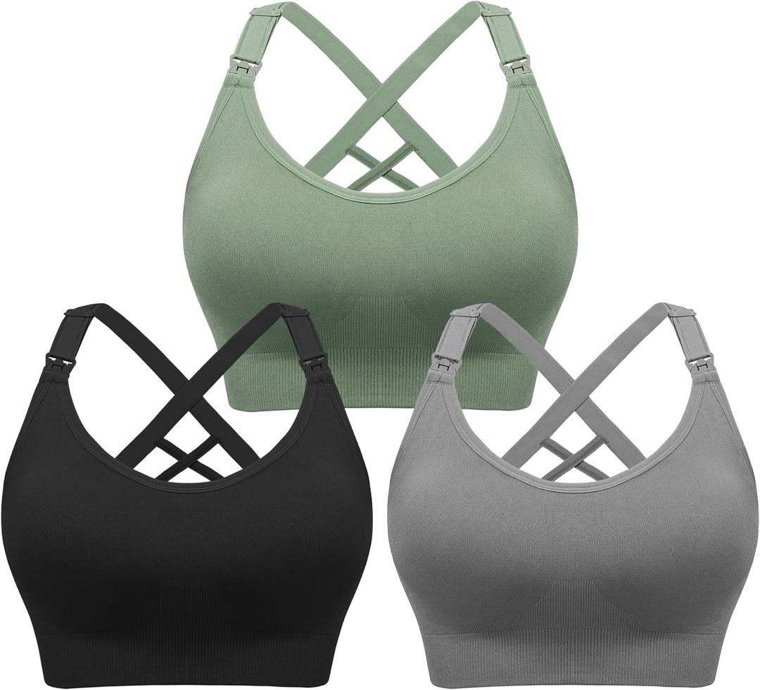 Angelhood Nursing Bras for Breastfeeding, Seamless Nursing Sports Bra Support Yoga Maternity Bras Pregnancy Sleep Bralette (Large, Black/Grey/Green)