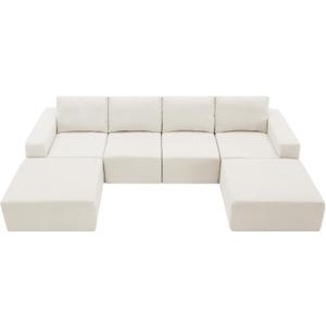 Ball & Cast 110"x72" Minimalist Modular U-Shaped Sectional Sofa with 2 Ottomans, Chenille Cloud Floor Couch with Compressed Upholstery, No Assembly Required, for Living Room, Apartment, Beige