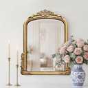Vintage Arched Wall Mirror, Baroque Carved Frame, 22 x 15.8 Inch | Distressed antique gold finish, classic European style, handcrafted carved detailing, suitable for bathroom vanity, bedroom