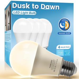 Torkase Outdoor Dusk to Dawn Light Bulbs, 13W(100W Equivalent), 3000K Daylight, A19 Automatic On/Off Sensor LED Bulb, E26 Base, Non-Dimmable, 4 Pack (3000k Warm White)